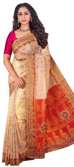 Beige and Brown color Saree in Kanchipuram Silk, Silk fabric with Bugle Beads, Embroidered, Stone, Weaving work
