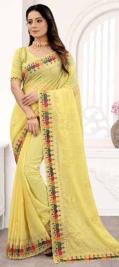 Yellow color Saree in Georgette fabric with Embroidered, Resham, Sequence, Zari work