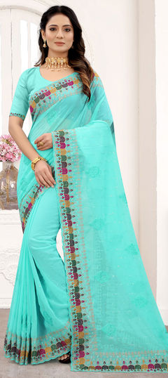 Blue color Saree in Georgette fabric with Embroidered, Resham, Sequence, Zari work