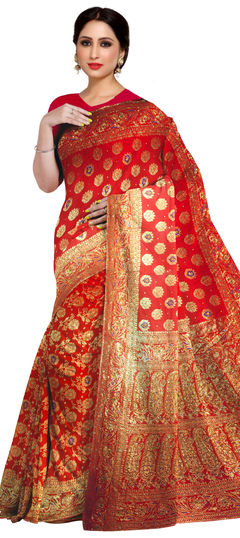 Red and Maroon color Saree in Kanchipuram Silk, Silk fabric with Embroidered, Stone, Weaving work