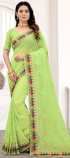 Green color Saree in Georgette fabric with Embroidered, Resham, Sequence, Zari work