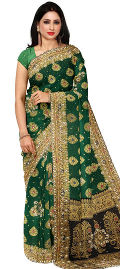 Green color Saree in Kanchipuram Silk, Silk fabric with Bugle Beads, Stone, Thread, Weaving work