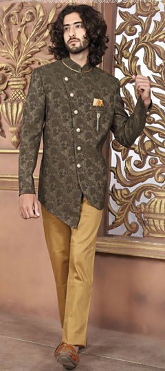 Beige and Brown color Jodhpuri Suit in Jacquard fabric with Weaving work