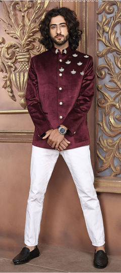 Red and Maroon color Jodhpuri Suit in Velvet fabric with Patch work