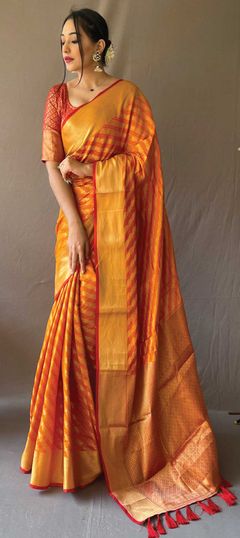 Orange, Yellow color Saree in Patola Silk, Silk fabric with Lehariya, Printed, Weaving work