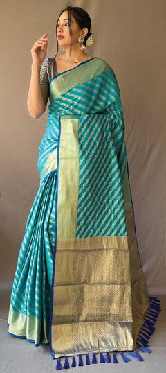 Blue color Saree in Patola Silk, Silk fabric with Lehariya, Printed, Weaving work