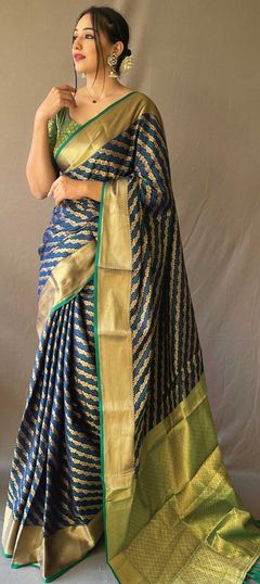 Blue color Saree in Patola Silk, Silk fabric with Lehariya, Printed, Weaving work