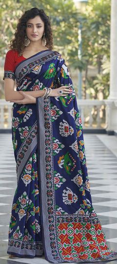 Blue color Saree in Patola Silk, Silk fabric with Printed, Weaving work