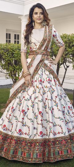 White and Off White color Lehenga in Silk fabric with Embroidered, Resham, Sequence, Thread work