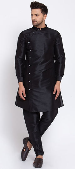 Black and Grey color Kurta Pyjamas in Dupion Silk fabric with Thread work