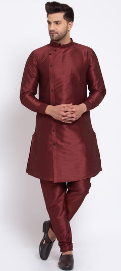 Beige and Brown color Kurta Pyjamas in Dupion Silk fabric with Thread work