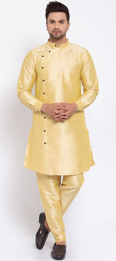 Beige and Brown color Kurta Pyjamas in Dupion Silk fabric with Thread work