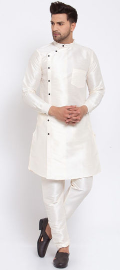 White and Off White color Kurta Pyjamas in Dupion Silk fabric with Thread work