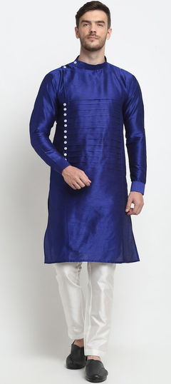 Blue color Kurta Pyjamas in Dupion Silk fabric with Thread work