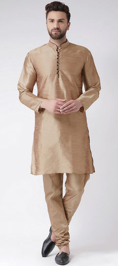 Beige and Brown color Kurta Pyjamas in Dupion Silk fabric with Thread work