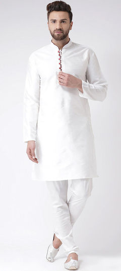 White and Off White color Kurta Pyjamas in Dupion Silk fabric with Thread work