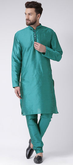 Green color Kurta Pyjamas in Dupion Silk fabric with Thread work