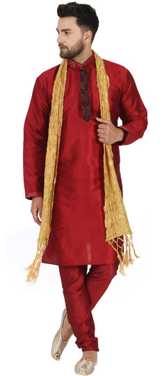 Red and Maroon color Kurta Pyjamas in Dupion Silk fabric with Lace work