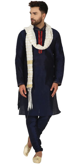 Blue color Kurta Pyjamas in Dupion Silk fabric with Lace work