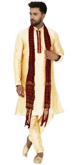 Beige and Brown color Kurta Pyjamas in Dupion Silk fabric with Lace work