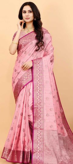 Pink and Majenta color Saree in Art Silk, Silk fabric with Weaving work