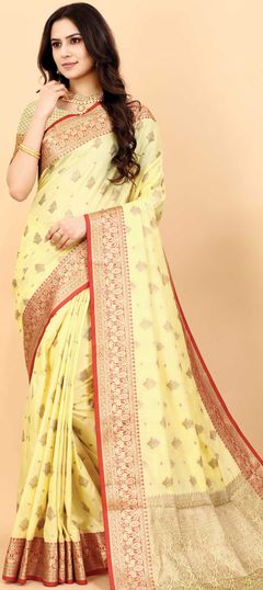 Yellow color Saree in Art Silk, Silk fabric with Weaving work