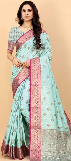 Blue color Saree in Art Silk, Silk fabric with Weaving work