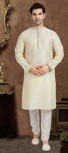 Beige and Brown color Kurta Pyjamas in Jacquard fabric with Lace work