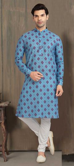 Blue color Kurta Pyjamas in Cotton fabric with Printed work