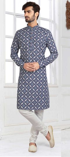 Blue color Kurta Pyjamas in Cotton fabric with Printed work