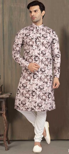 Beige and Brown color Kurta Pyjamas in Cotton fabric with Floral, Printed work