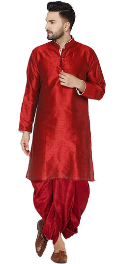 Red and Maroon color Dhoti Kurta in Dupion Silk fabric with Thread work