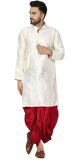 White and Off White color Dhoti Kurta in Dupion Silk fabric with Thread work