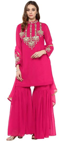 Festive, Mehendi Sangeet, Party Wear Pink and Majenta color Salwar Kameez in Georgette fabric with Sharara, Straight Embroidered, Sequence, Thread, Zari work : 1785889