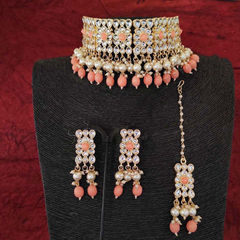 Gold Rodium Polish Pink and Majenta, White and Off White color Necklace in Metal Alloy studded with CZ Diamond, Pearl