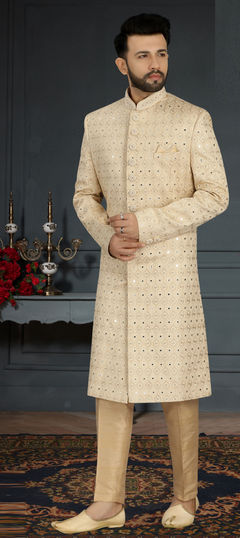 Gold color Sherwani in Jacquard fabric with Embroidered, Mirror, Thread work