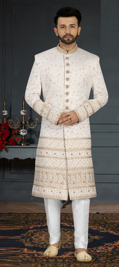 White and Off White color Sherwani in Jacquard fabric with Embroidered, Sequence, Thread work