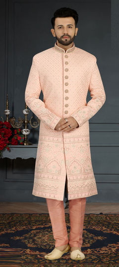 Pink and Majenta color Sherwani in Jacquard fabric with Embroidered, Sequence, Thread work