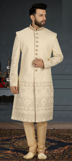 Beige and Brown color Sherwani in Jacquard fabric with Embroidered, Sequence, Thread work