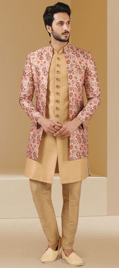 Gold, Pink and Majenta color IndoWestern Dress in Banarasi Silk fabric with Floral, Printed work