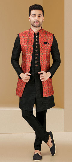 Black and Grey, Red and Maroon color IndoWestern Dress in Banarasi Silk fabric with Printed work