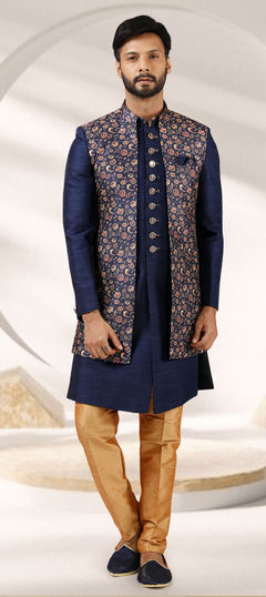 Blue color IndoWestern Dress in Banarasi Silk fabric with Floral, Printed work