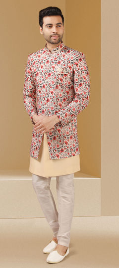 Beige and Brown color IndoWestern Dress in Banarasi Silk fabric with Floral, Printed work