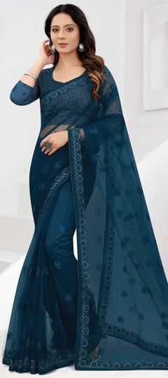 Blue color Saree in Net fabric with Embroidered, Stone, Thread, Zari work