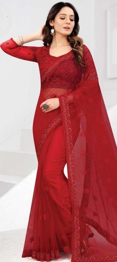 Red and Maroon color Saree in Net fabric with Resham, Stone, Thread, Zari work