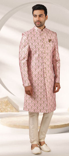 Pink and Majenta color Sherwani in Banarasi Silk fabric with Printed work : 1786044