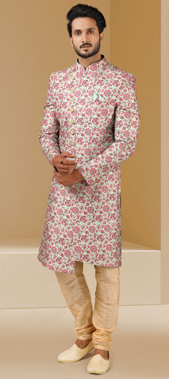 Green color Sherwani in Banarasi Silk fabric with Floral, Printed work : 1786047