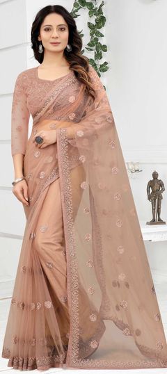 Beige and Brown color Saree in Net fabric with Embroidered, Resham, Thread, Zari work