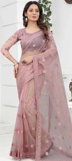 Purple and Violet color Saree in Net fabric with Embroidered, Resham, Stone, Zari work