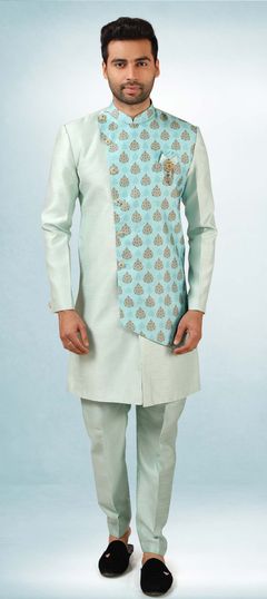 Green color IndoWestern Dress in Art Silk fabric with Printed work